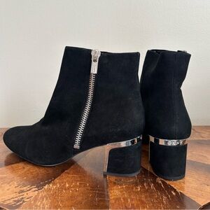 DKNY Crosby Block Heel size 9 Black suede boots with silver accents on heel.